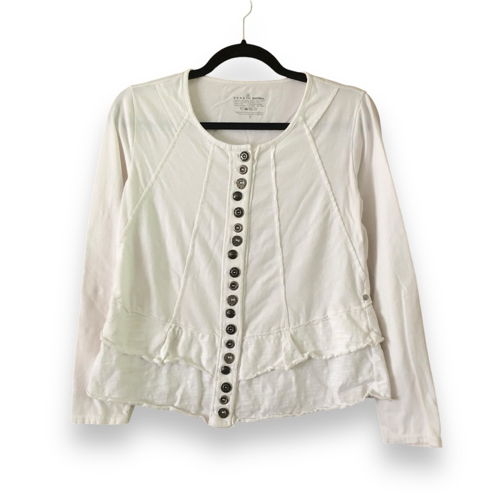 Neon Buddha White Button Front Ruffle Long Sleeve Top Size Small Boho Lagenlook